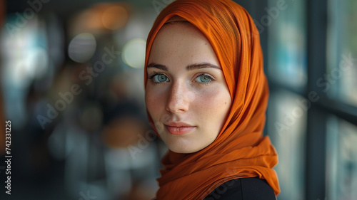 Confident businesswoman in hijab, red hair, black dress, solid orange.