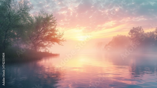 Serene Riverside Landscape at Sunrise with Mist over the Water © artem