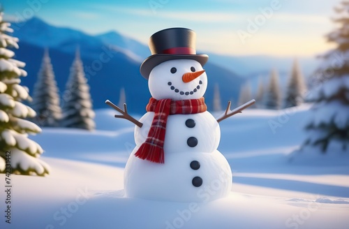 Happy snowman standing in christmas landscape © Kseniya Ananko