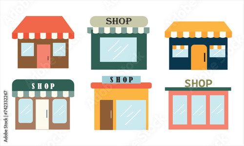 Set of vector shop buildings. Exterior store facade icon isolated on white background.