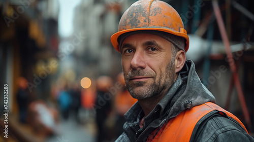 Portrait of a ma in uniform and helmet on the building background, concept of civil engineering © lisssbetha