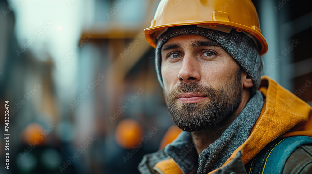 Portrait of a ma in uniform and helmet on the building background, concept of civil engineering Portrait of a ma in uniform and helmet on the building background, concept of civil engineering