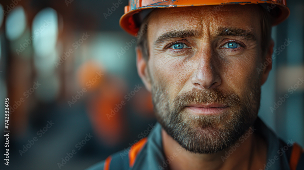 Portrait of a ma in uniform and helmet on the building background, concept of civil engineering - obrazy, fototapety, plakaty 