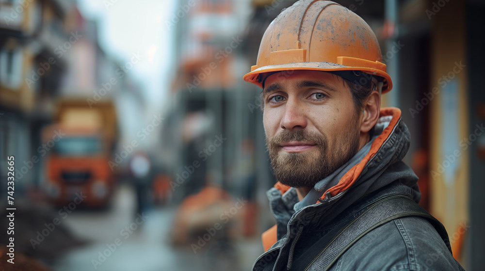 Portrait of a ma in uniform and helmet on the building background, concept of civil engineering Portrait of a ma in uniform and helmet on the building background, concept of civil engineering