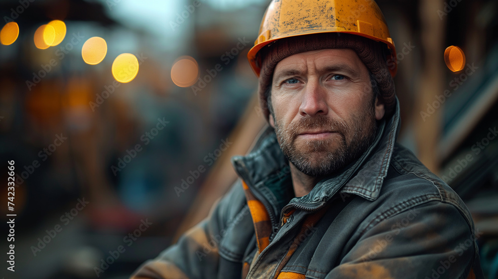 Fototapeta premium Portrait of a ma in uniform and helmet on the building background, concept of civil engineering