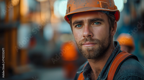 Portrait of a ma in uniform and helmet on the building background, concept of civil engineering