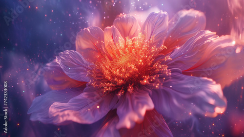 Witness the birth of a celestial bloom, as petals of stardust unfurl in a cosmic garden of hyper-realistic abstraction.