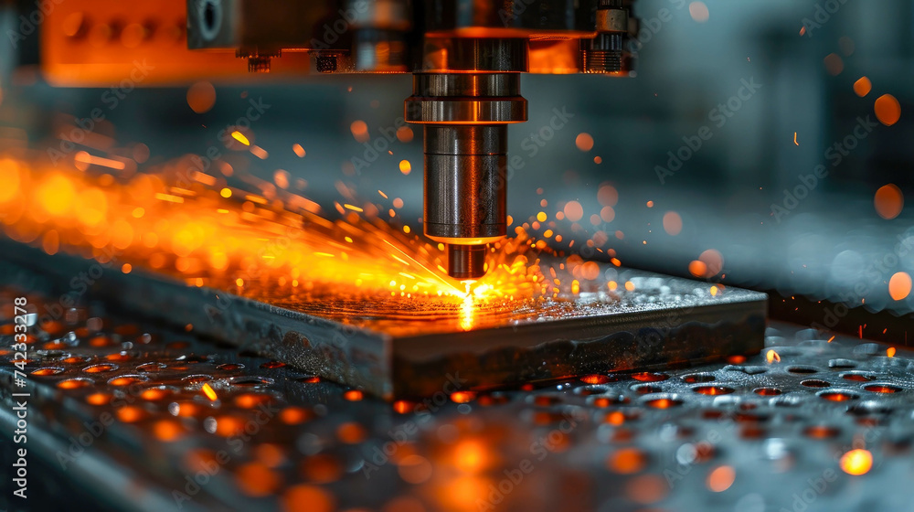 The CNC milling machine cutting the metal with sparks. The sheet metal manufacturing process - obrazy, fototapety, plakaty 