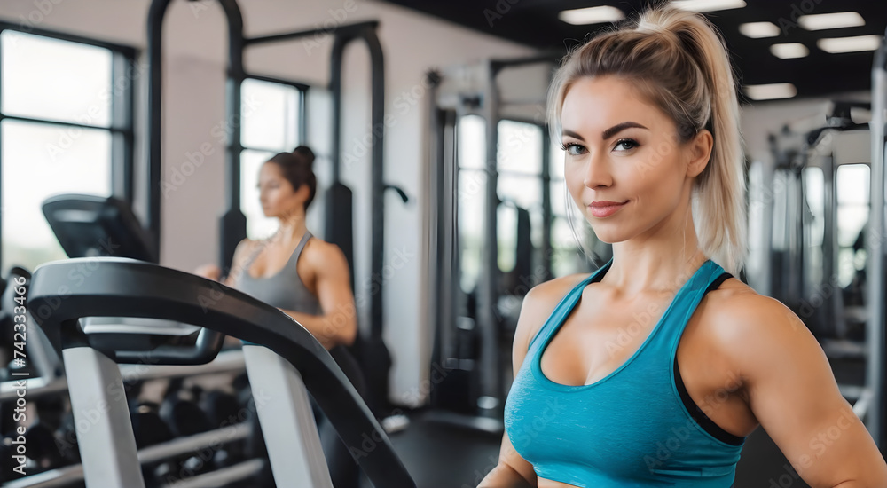 Beautiful fitness woman on gym background generative ai Beautiful fitness woman on gym background generative ai