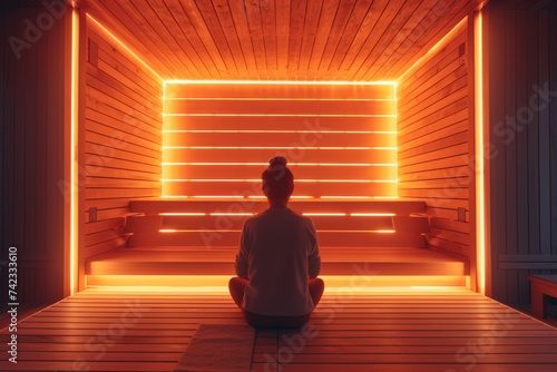 A serene image of a person relaxing in an infrared sauna photo