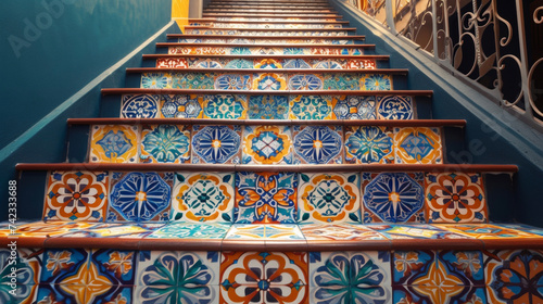 A bold and colorful pattern of Moroccaninspired tiles being meticulously p by tilers on a staircase adding a touch of exoticism to a home. photo