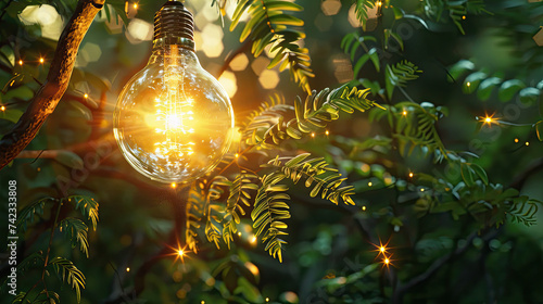 ecology in lighting bulb in fern, green building light bulb eco environment, tree with light bulb and colorful leaves in natural landscape