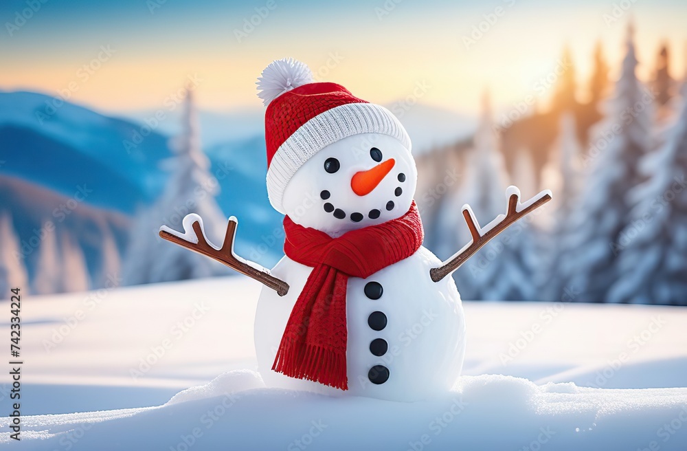 Fototapeta premium Happy cute snowman with red scarf and hat on the snow 