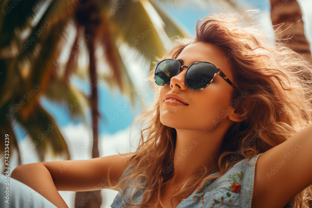Beautiful woman in sunglasses, in the background the beach with palm trees Beautiful woman in sunglasses, in the background the beach with palm trees