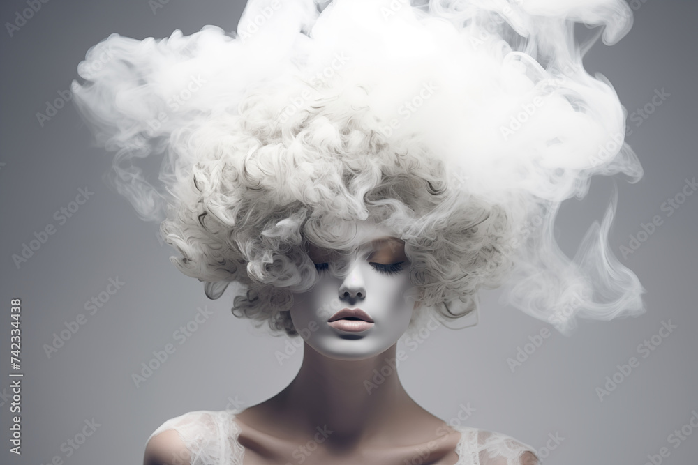 Woman with cloud of smoke in her head. portrait art photo. Woman with cloud of smoke in her head. portrait art photo.