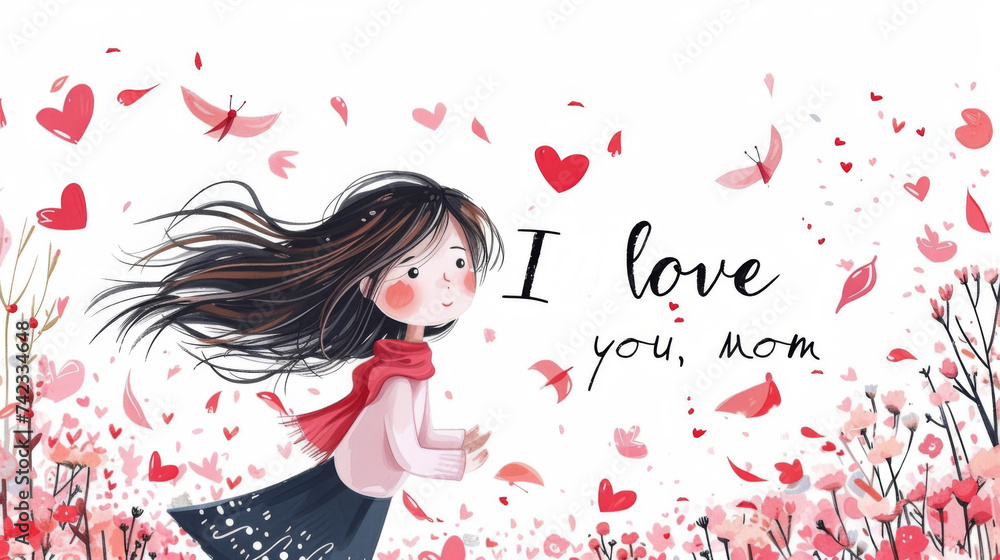 Illustrated girl surrounded by hearts and petals