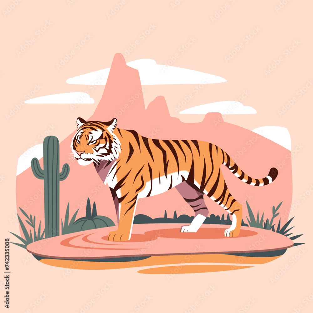 Vector illustration of tiger standing on floating ground platform with cactus and flower. Pastel