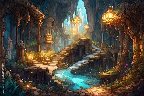 An underground kingdom adorned with glittering crystals, a jewel in the earth.