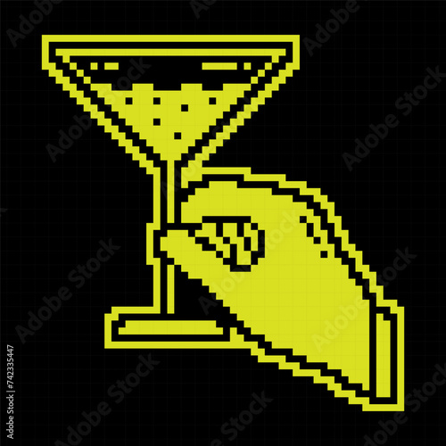 Pixel silhouette icon. Female hand holding glass with martini. Cocktails, alcoholic drinks, for menu of cafe, restaurant. Simple black and yellow vector isolated