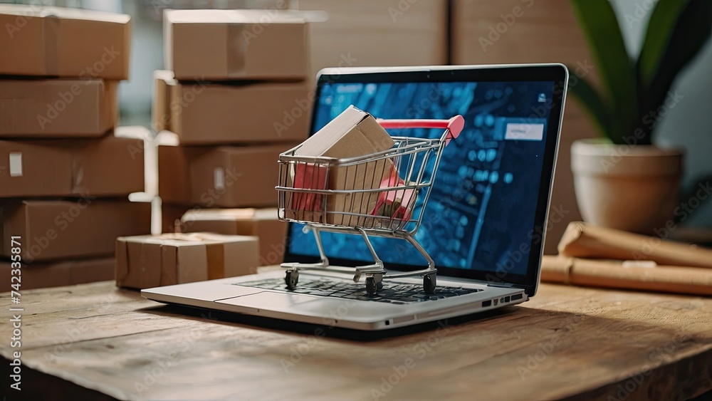 Concept of online shopping featuring a laptop computer on a trolley filled with boxes