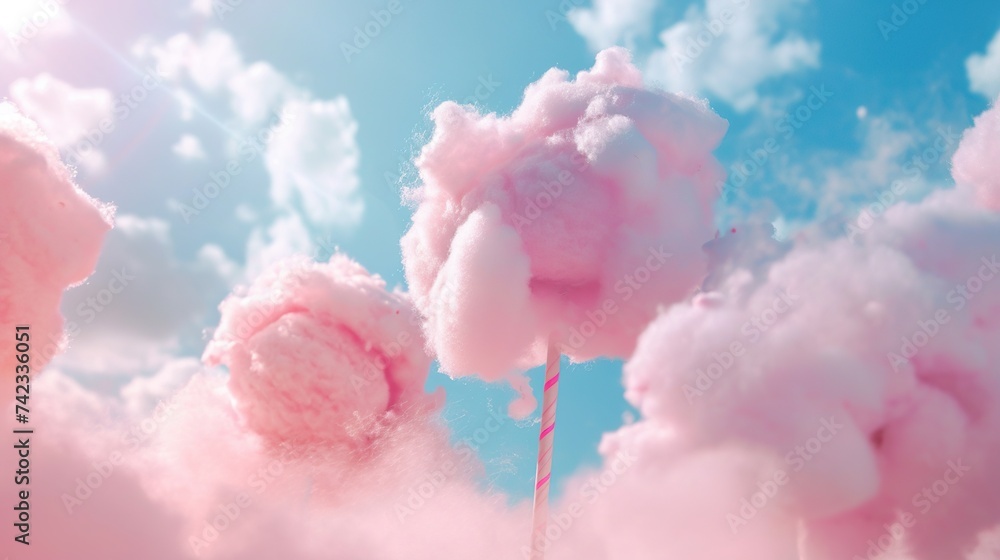 Fototapeta premium Cotton candy against the blue sky with clouds. Colorful background.