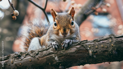A curious squirrel peering from a tree branch with budding flowers in a city setting