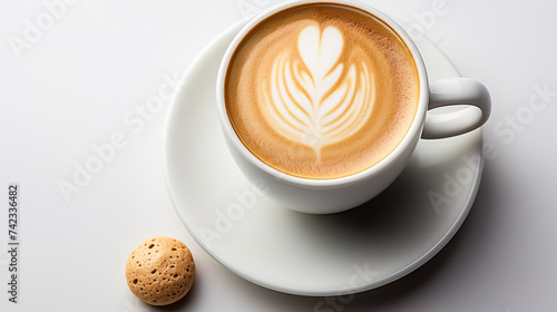 A wide top view closeup photo of white color coffee cup with beautiful cream art design on it in a white background with cookies 