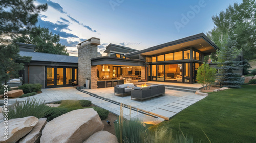 This home seamlessly blends indoor and outdoor living with a large patio and outdoor living area built around a central boulder creating a serene and private oasis for its © Justlight