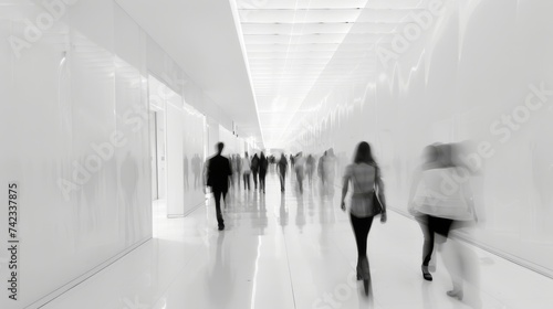 Abstract white office hallway with people moving in motion blur