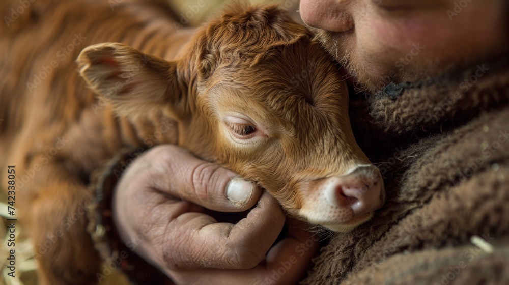 Fototapeta premium A young farmer's hand hugs a newborn calf.