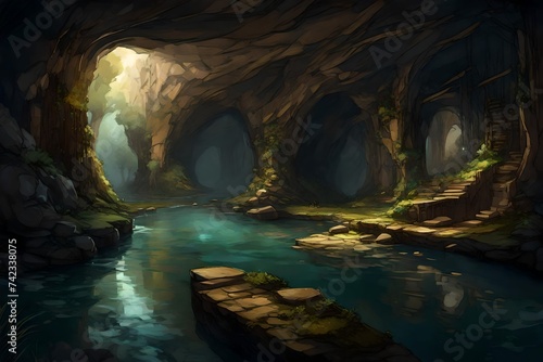 A secret underground stream, its gentle flow echoing through the depths of the cave.
