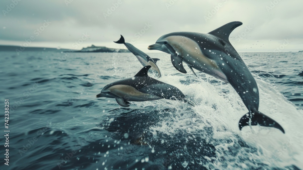Obraz premium Beautiful dolphins jump out of the water.