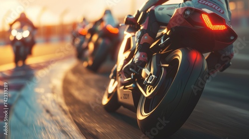 Motorcycle Racers Speeding on Track at Sunset, Extreme athlete Sport Motorcycles Raceing on race track