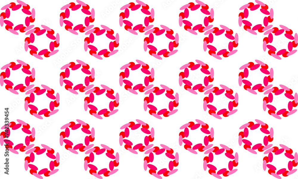 Pink red hexagon flower ring block, circle dot design for fabric printing, seamless patter print background Pink red hexagon flower ring block, circle dot design for fabric printing, seamless patter print background