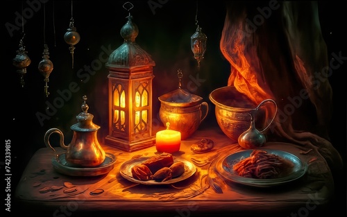 Ramadan iftar with dates  ramadan lantern evening light ai generated image