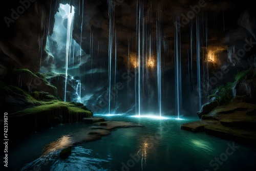 An underground waterfall, where the cave's interior is bathed in the falling water's glow.
