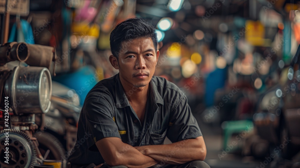 Portrait of an Asian mechanic checking the safety of a car. Maintenance of damaged parts in the garage. Maintenance repairs. Repair service concept. Portrait of an Asian mechanic checking the safety of a car. Maintenance of damaged parts in the garage. Maintenance repairs. Repair service concept.