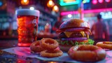 Delicious Fast Food Meal with Burger and Onion Rings on Table, Friends enjoying a burger and onion rings while dining out