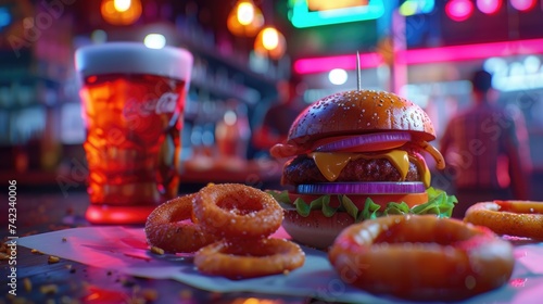 Delicious Fast Food Meal with Burger and Onion Rings on Table, Friends enjoying a burger and onion rings while dining out