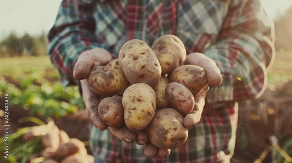 Mature farmer with freshly harvested raw potatoes Mature farmer with freshly harvested raw potatoes
