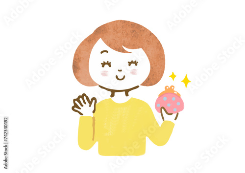 お金が入って喜ぶ女性の上半身手描きイラスト