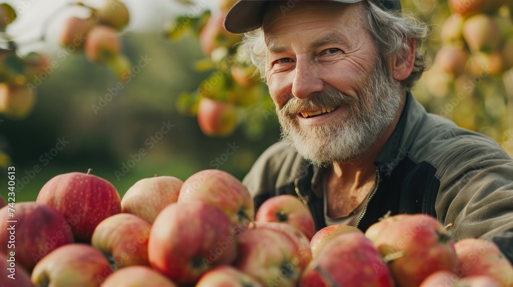 An adult farmer is showing off a pile of freshly harvested apples. - obrazy, fototapety, plakaty 