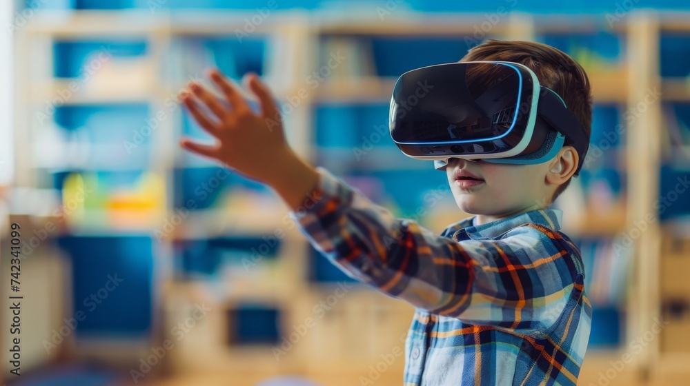 Side view portrait of little boy wearing VR headset and reaching out while testing augmented technology in school laboratory, copy space Side view portrait of little boy wearing VR headset and reaching out while testing augmented technology in school laboratory, copy space