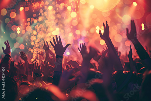 Concert Crowd: Music Fans Gathered in Front of the Stage in a Nightclub. Double Exposure Concert Background Featuring Bright Lights and Stage Lighting.