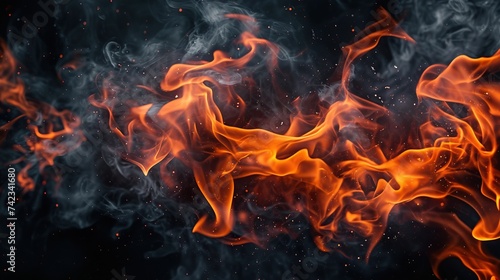 Fire flames on black background in blaze fire flame texture background.