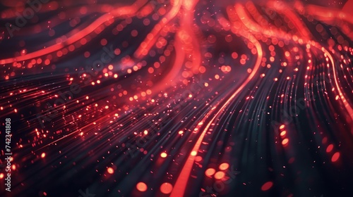 Abstract Red Fiber Optic Network with Light Particles