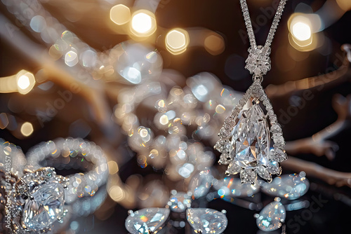 Dazzling Diamond-Shaped Jewelry: Shiny Crystals, Precious Gems, and a Set of Sparkling Jewels.