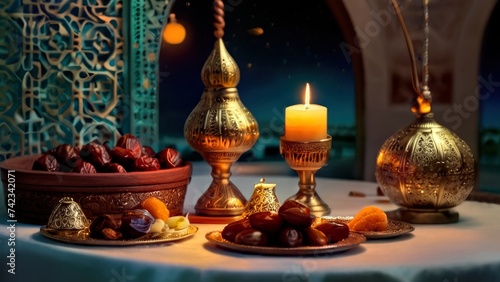Ramadan iftar with dates, ramadan lantern evening light ai generated image (ID: 742342071)