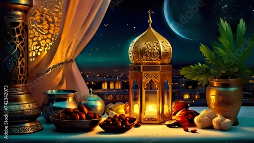 Ramadan iftar with dates, ramadan lantern evening light ai generated image photo