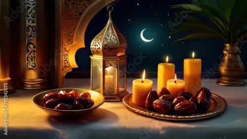 Ramadan iftar with dates, ramadan lantern evening light ai generated image (ID: 742342075)